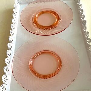 Vintage Pink Swirl Rosaline Glass 8 1/4” Plates. Set of 2